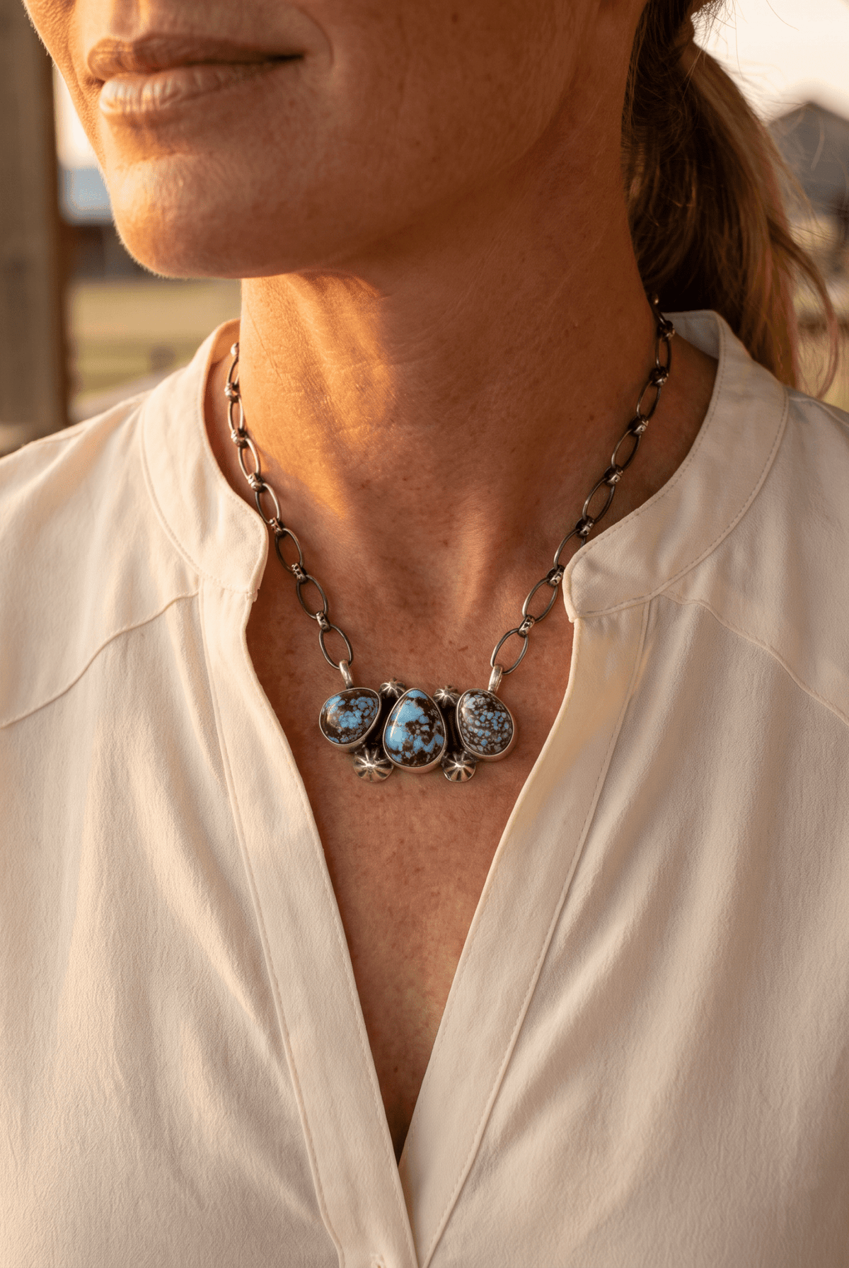 Kathleen Livingston Navajo Sterling Silver Necklace with Golden Hills Turquoise — 18" with 5/8" × 1 1/4" Pendant (Hallmarked, Heirloom) - Cowhide and Conchos