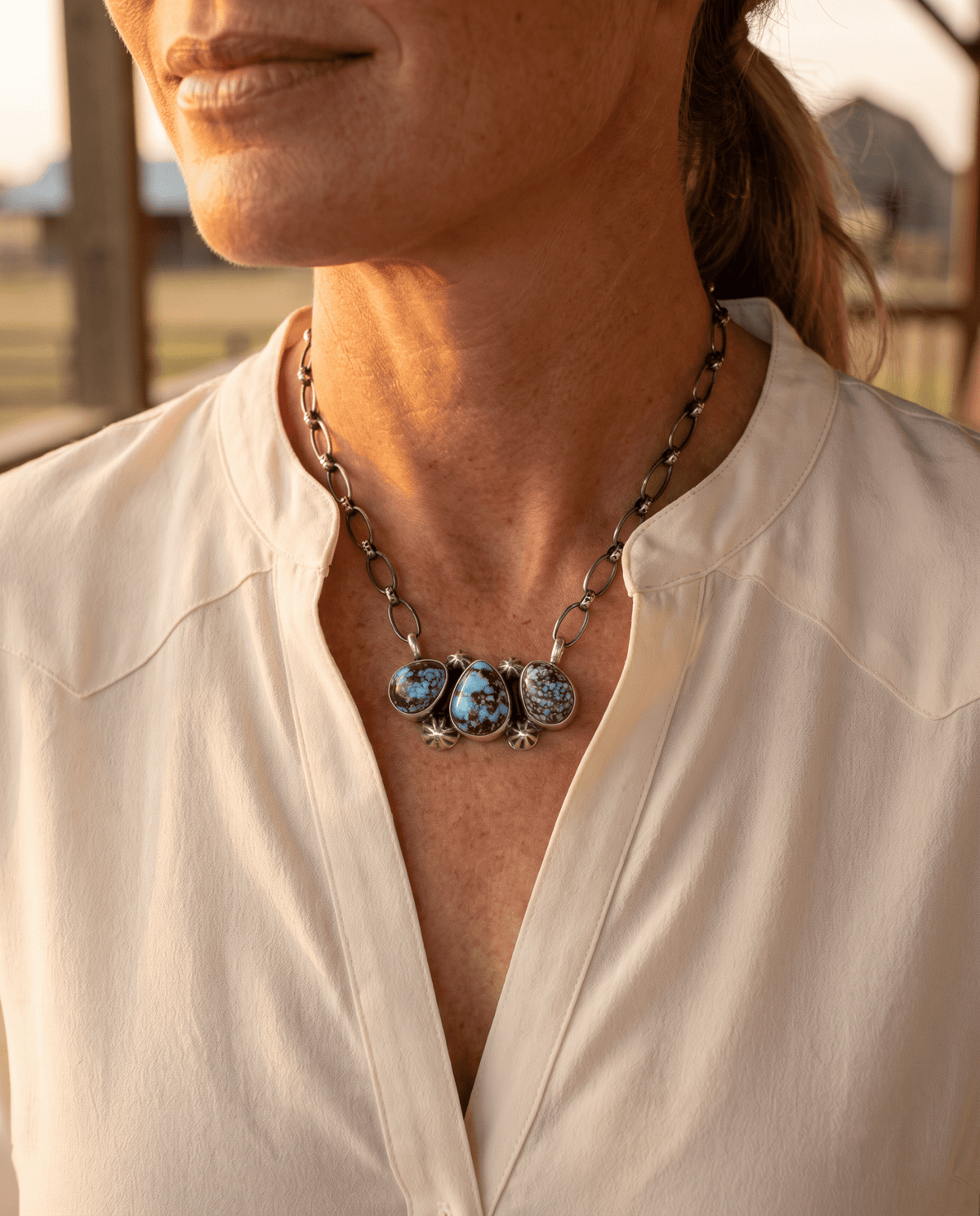 Kathleen Livingston Navajo Sterling Silver Necklace with Golden Hills Turquoise — 18" with 5/8" × 1 1/4" Pendant (Hallmarked, Heirloom) - Cowhide and Conchos