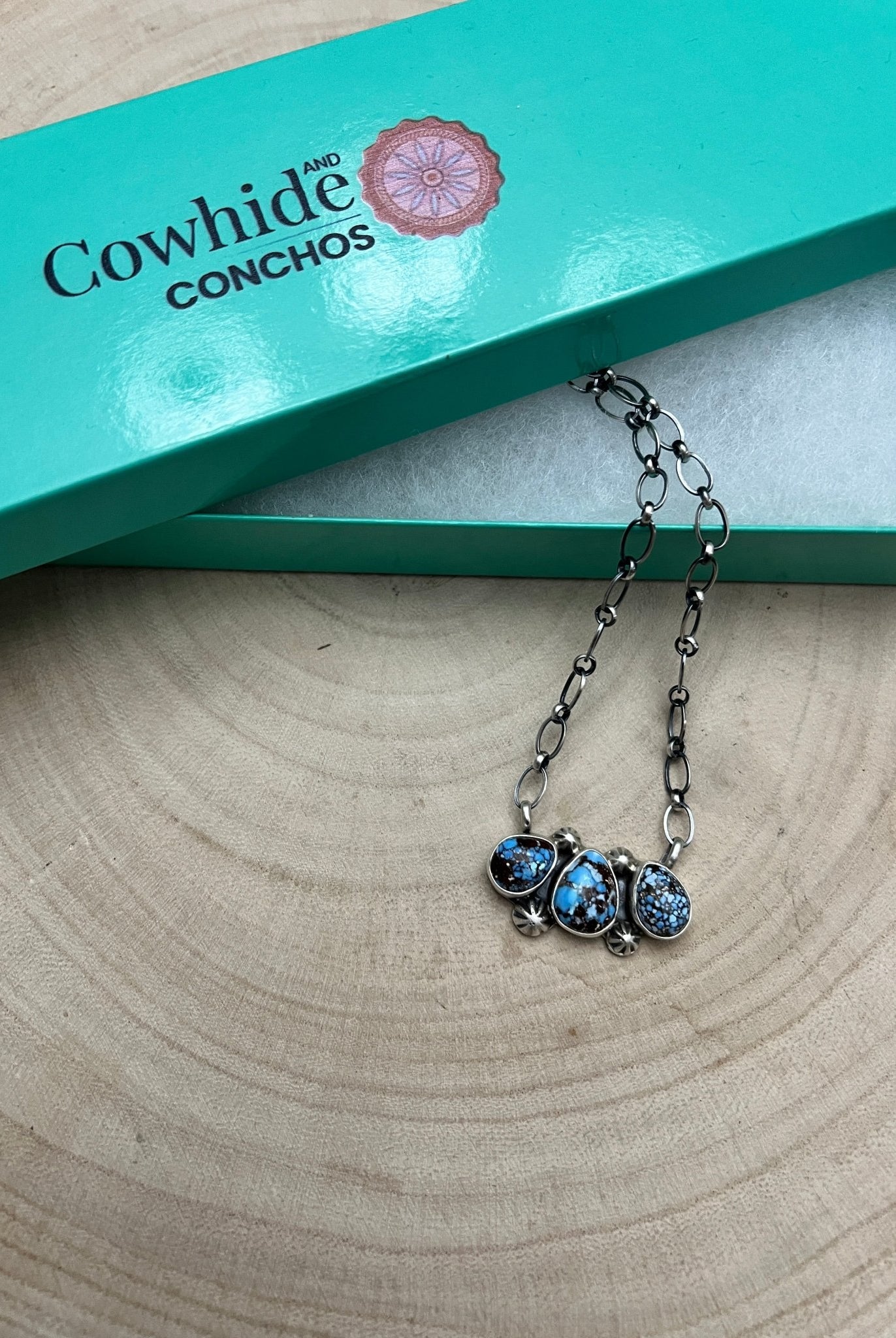 Kathleen Livingston Navajo Sterling Silver Necklace with Golden Hills Turquoise — 18" with 5/8" × 1 1/4" Pendant (Hallmarked, Heirloom) - Cowhide and Conchos