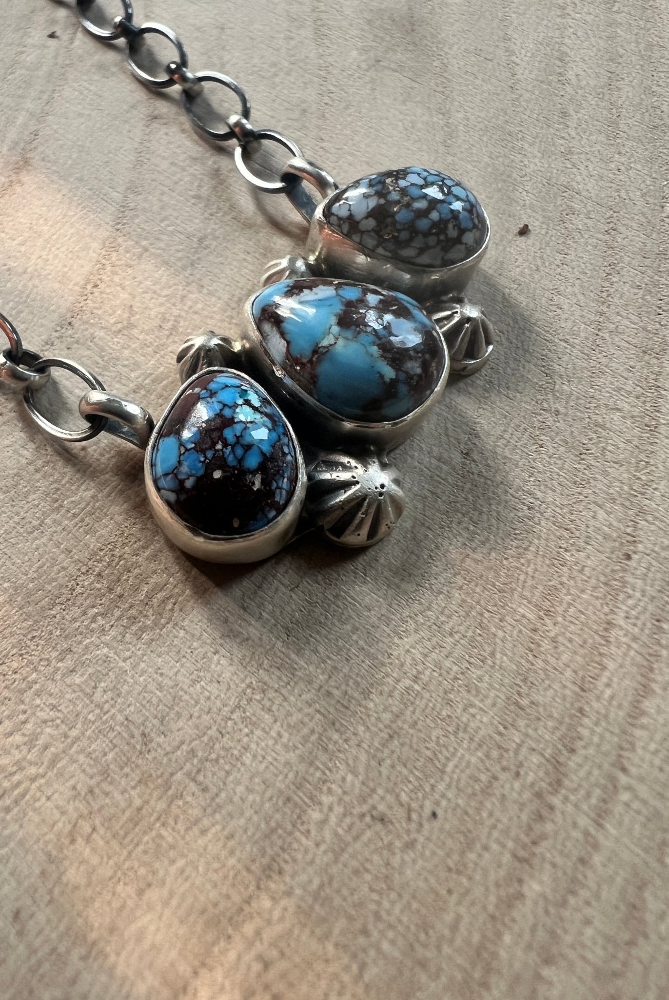 Kathleen Livingston Navajo Sterling Silver Necklace with Golden Hills Turquoise — 18" with 5/8" × 1 1/4" Pendant (Hallmarked, Heirloom) - Cowhide and Conchos