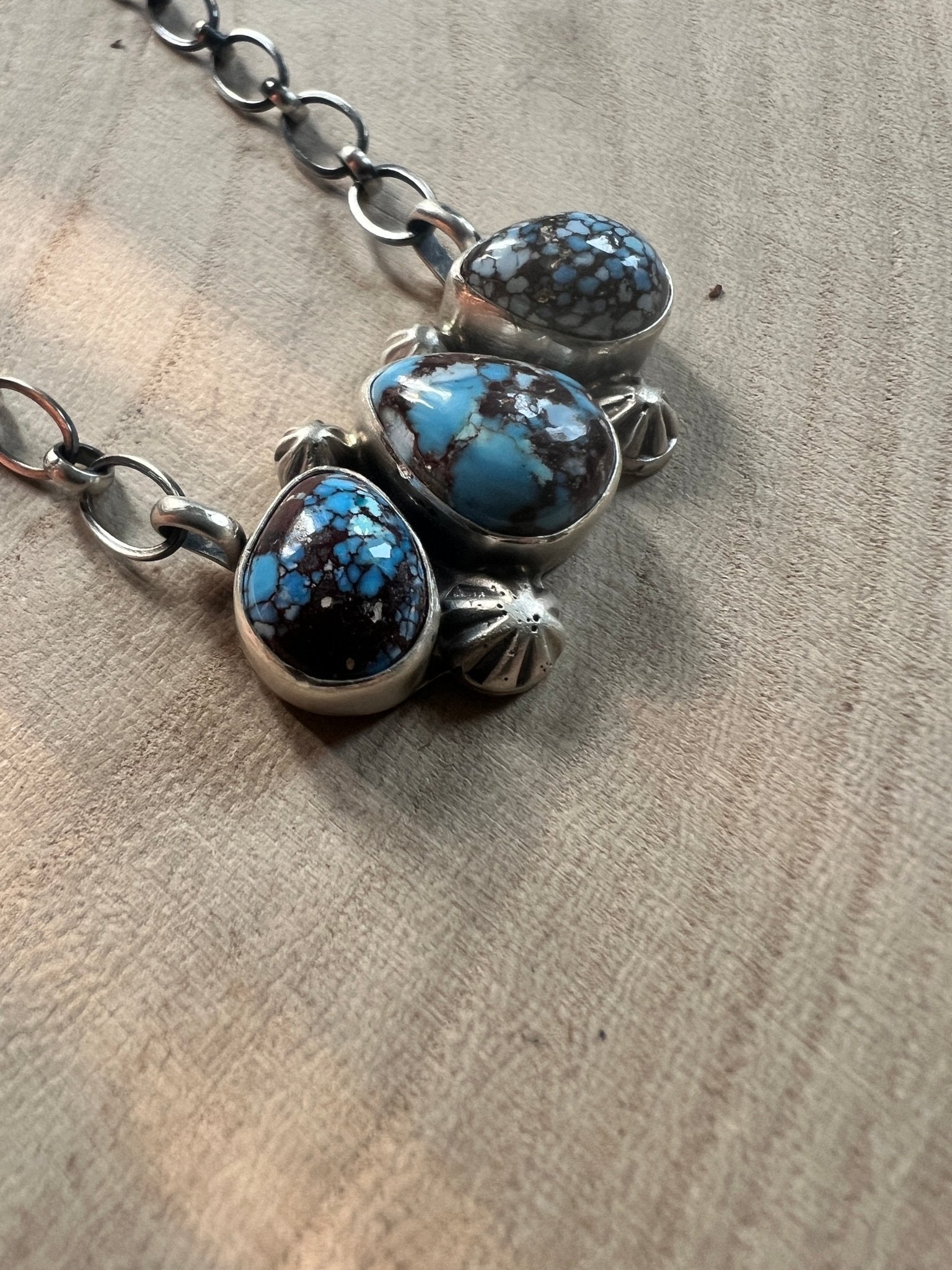 Kathleen Livingston Navajo Sterling Silver Necklace with Golden Hills Turquoise — 18" with 5/8" × 1 1/4" Pendant (Hallmarked, Heirloom) - Cowhide and Conchos