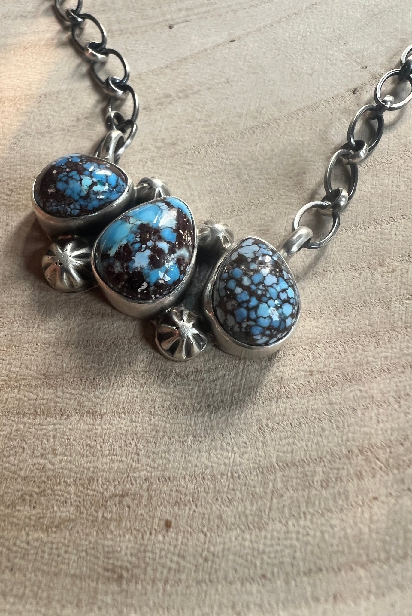 Kathleen Livingston Navajo Sterling Silver Necklace with Golden Hills Turquoise — 18" with 5/8" × 1 1/4" Pendant (Hallmarked, Heirloom) - Cowhide and Conchos