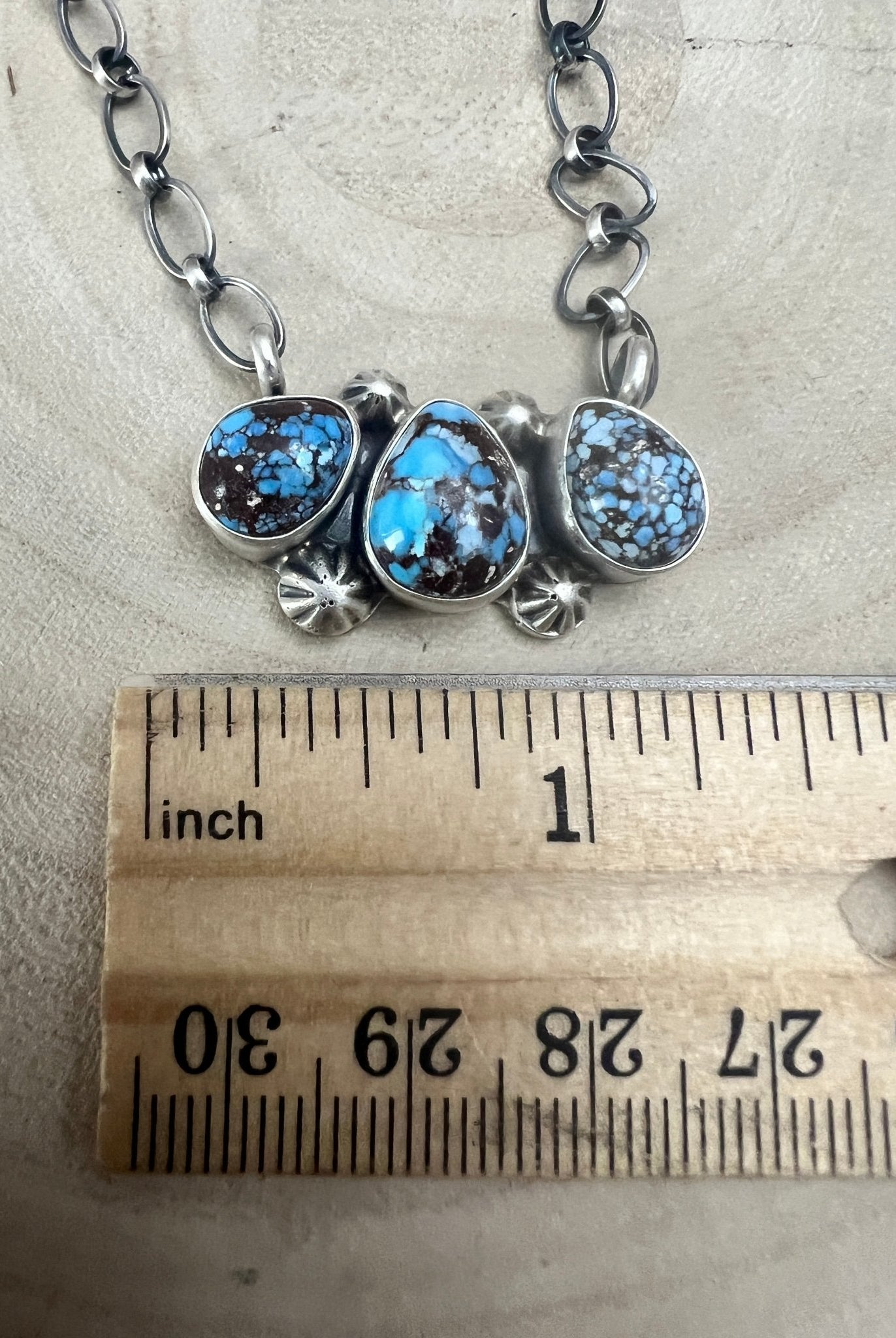 Kathleen Livingston Navajo Sterling Silver Necklace with Golden Hills Turquoise — 18" with 5/8" × 1 1/4" Pendant (Hallmarked, Heirloom) - Cowhide and Conchos