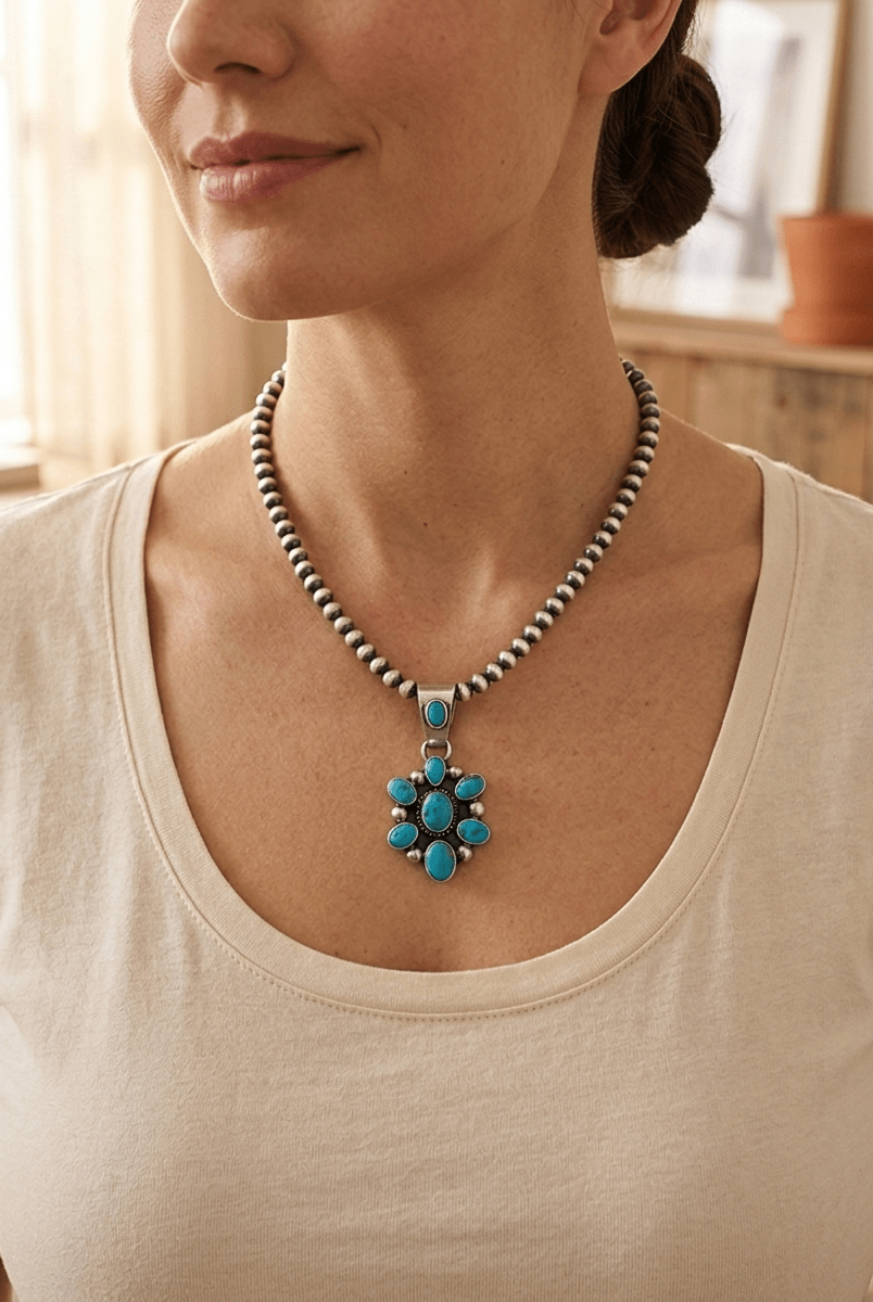 Kathleen Livingston Navajo Sterling Silver Pendant with Sonoran Gem Turquoise — 1 3/4" × 7/8" (Hallmark) - Cowhide and Conchos