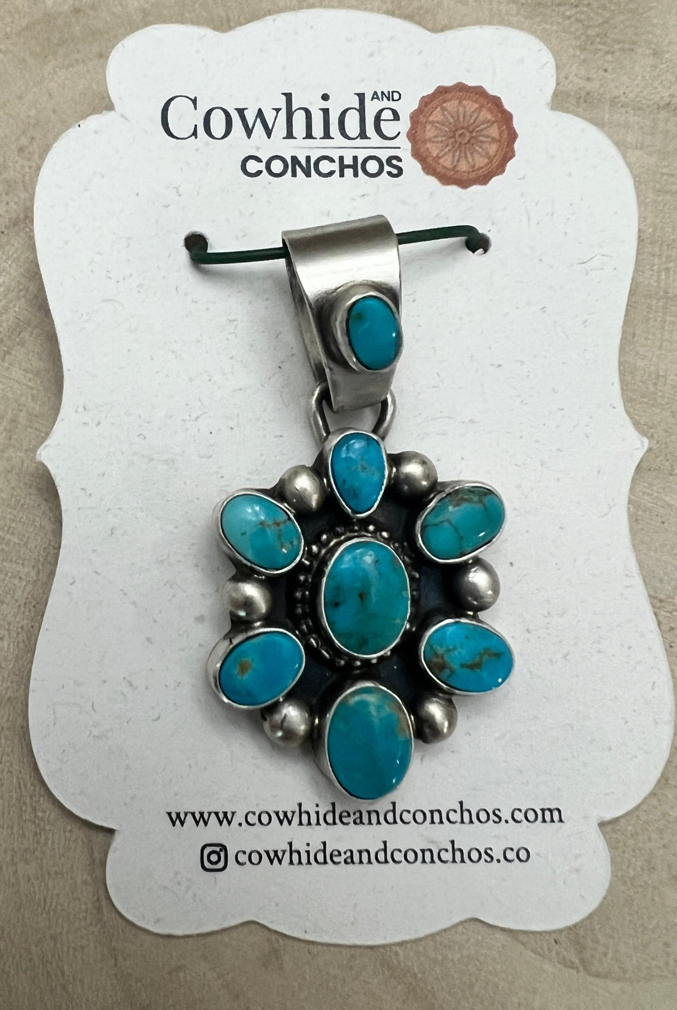 Kathleen Livingston Navajo Sterling Silver Pendant with Sonoran Gem Turquoise — 1 3/4" × 7/8" (Hallmark) - Cowhide and Conchos