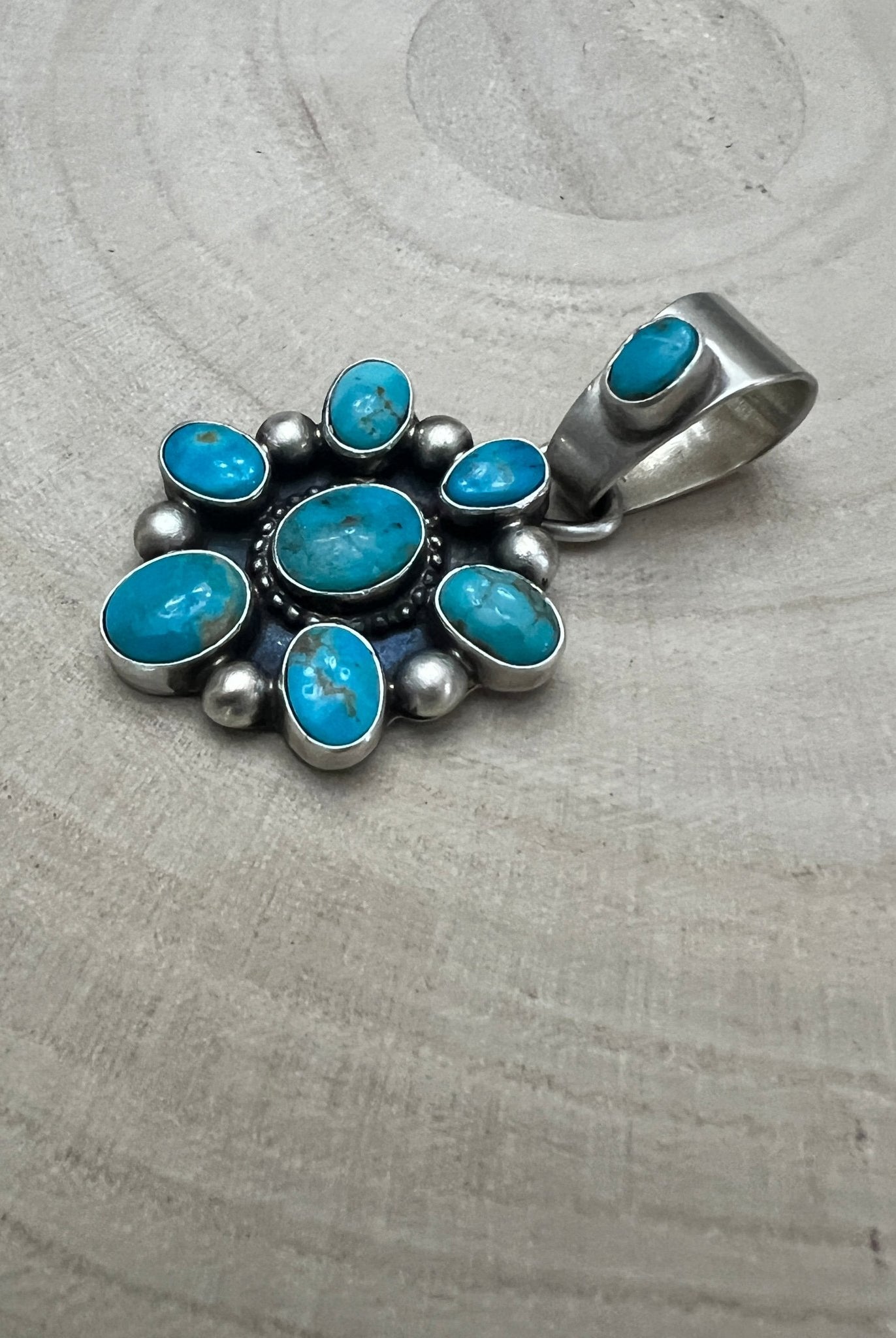 Kathleen Livingston Navajo Sterling Silver Pendant with Sonoran Gem Turquoise — 1 3/4" × 7/8" (Hallmark) - Cowhide and Conchos