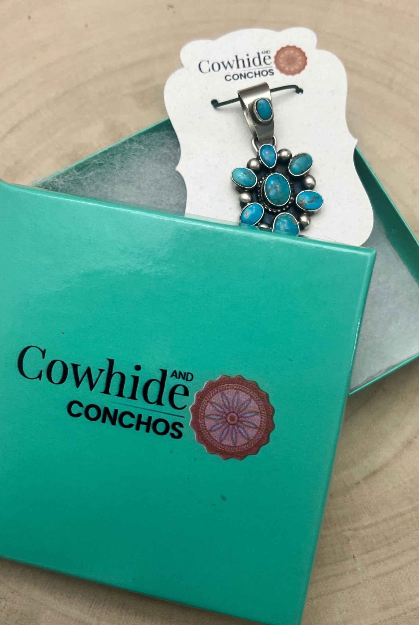 Kathleen Livingston Navajo Sterling Silver Pendant with Sonoran Gem Turquoise — 1 3/4" × 7/8" (Hallmark) - Cowhide and Conchos