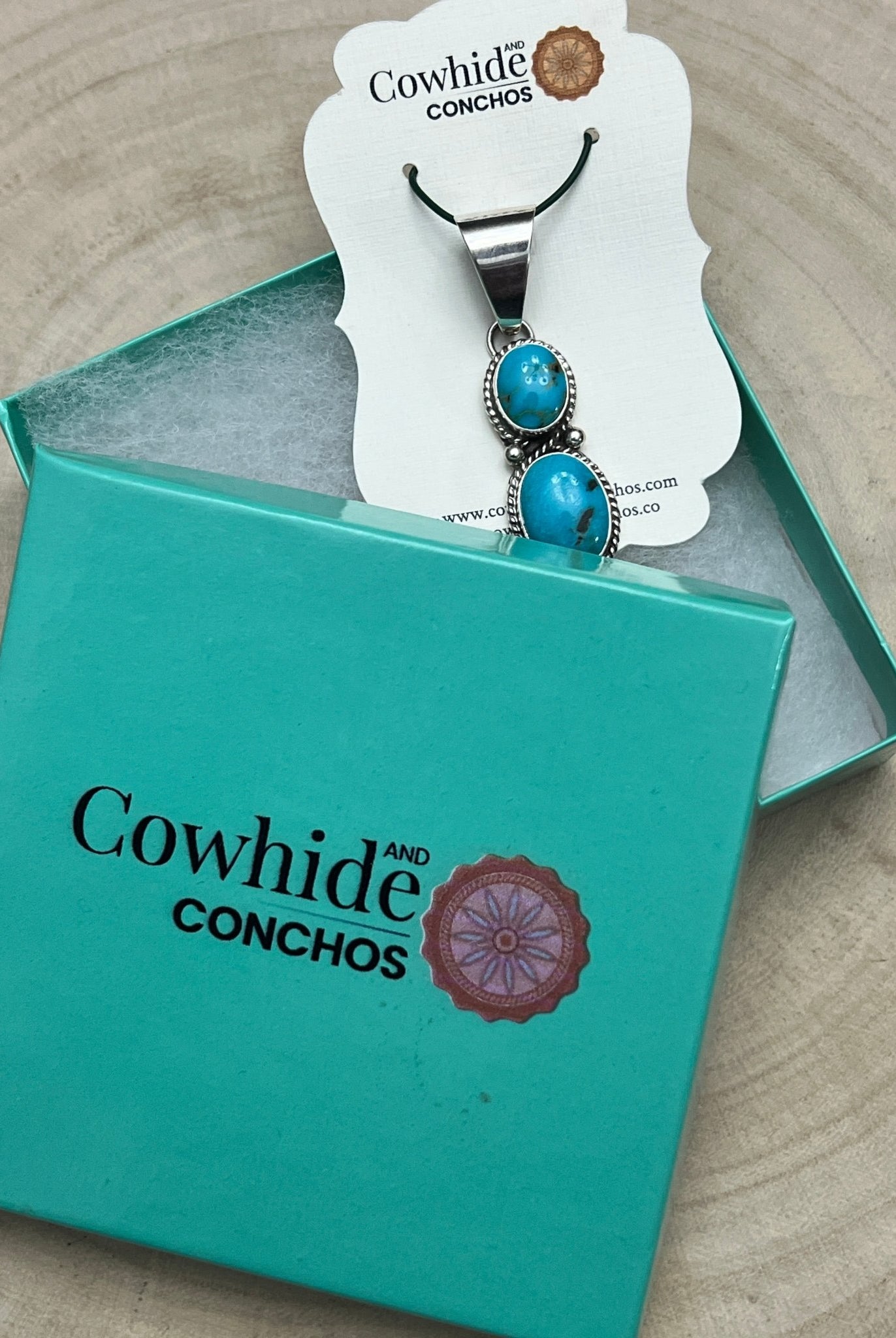 Kathleen Livingston Navajo Sterling Silver Pendant with Sonoran Gem Turquoise — 2" × 1/2" (Hallmarked) - Cowhide and Conchos