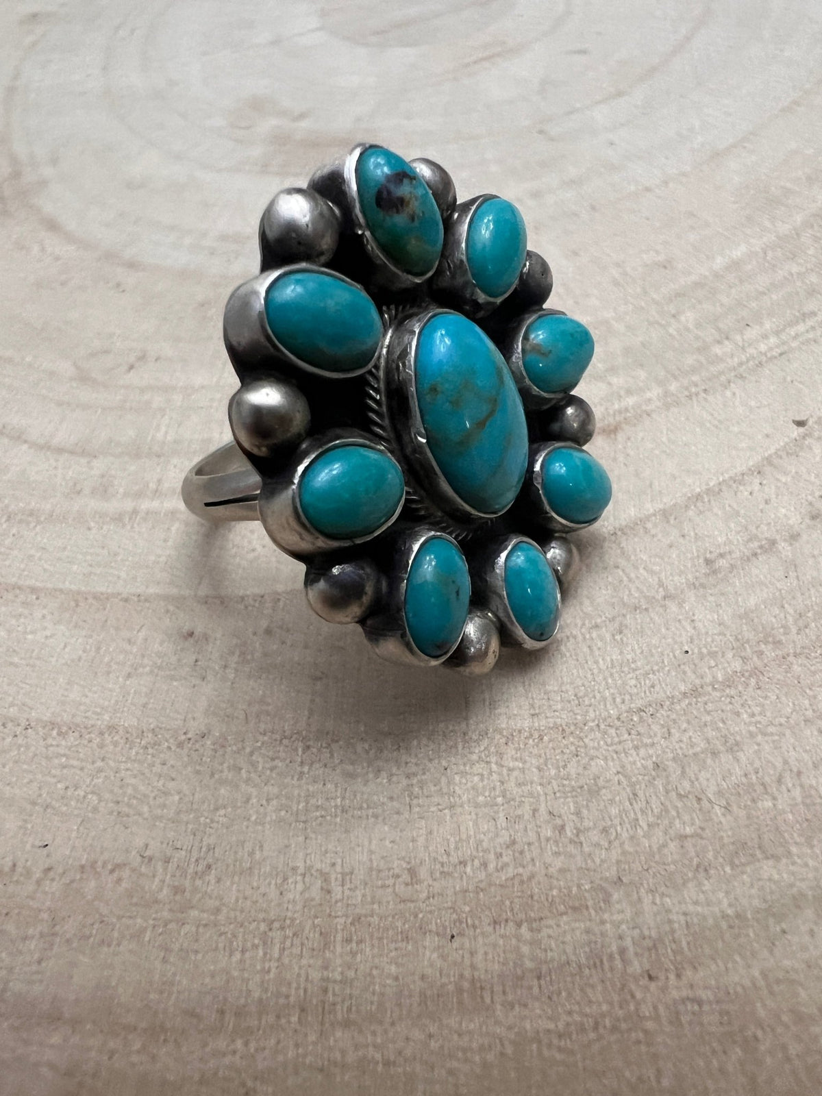 Kathleen Livingston Navajo Sterling Silver Ring with Sonoran Gem Turquoise — Adjustable (size 8/9), 1 1/4" × 1 1/8" Face (Hallmarked, Heirloom) - Cowhide and Conchos