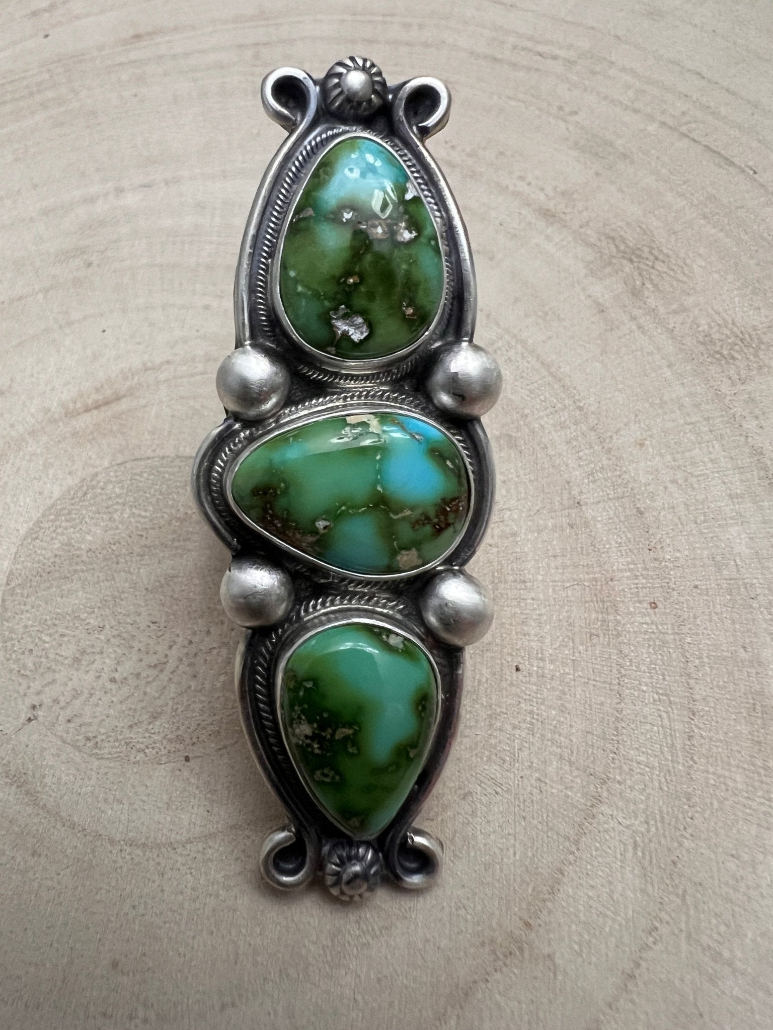 Kathleen Livingston Navajo Sterling Silver Ring with Sonoran Mountain Turquoise — Size 9, 2 3/8" × 7/8" (Hallmarked, Heirloom) - Cowhide and Conchos