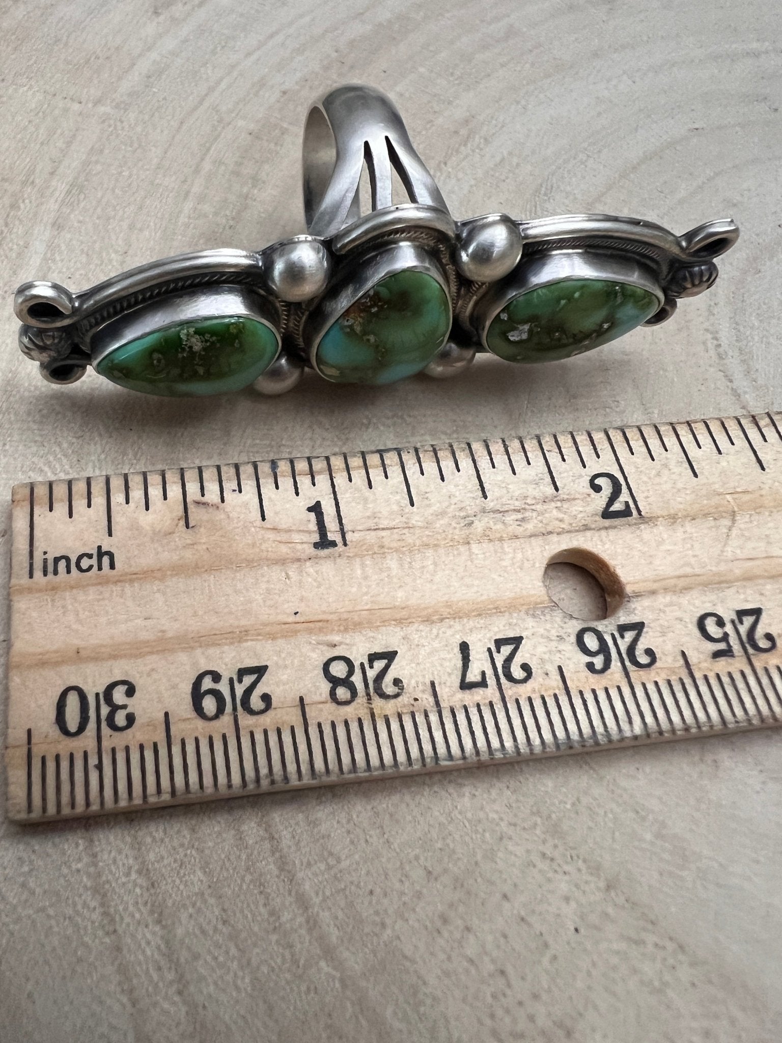 Kathleen Livingston Navajo Sterling Silver Ring with Sonoran Mountain Turquoise — Size 9, 2 3/8" × 7/8" (Hallmarked, Heirloom) - Cowhide and Conchos