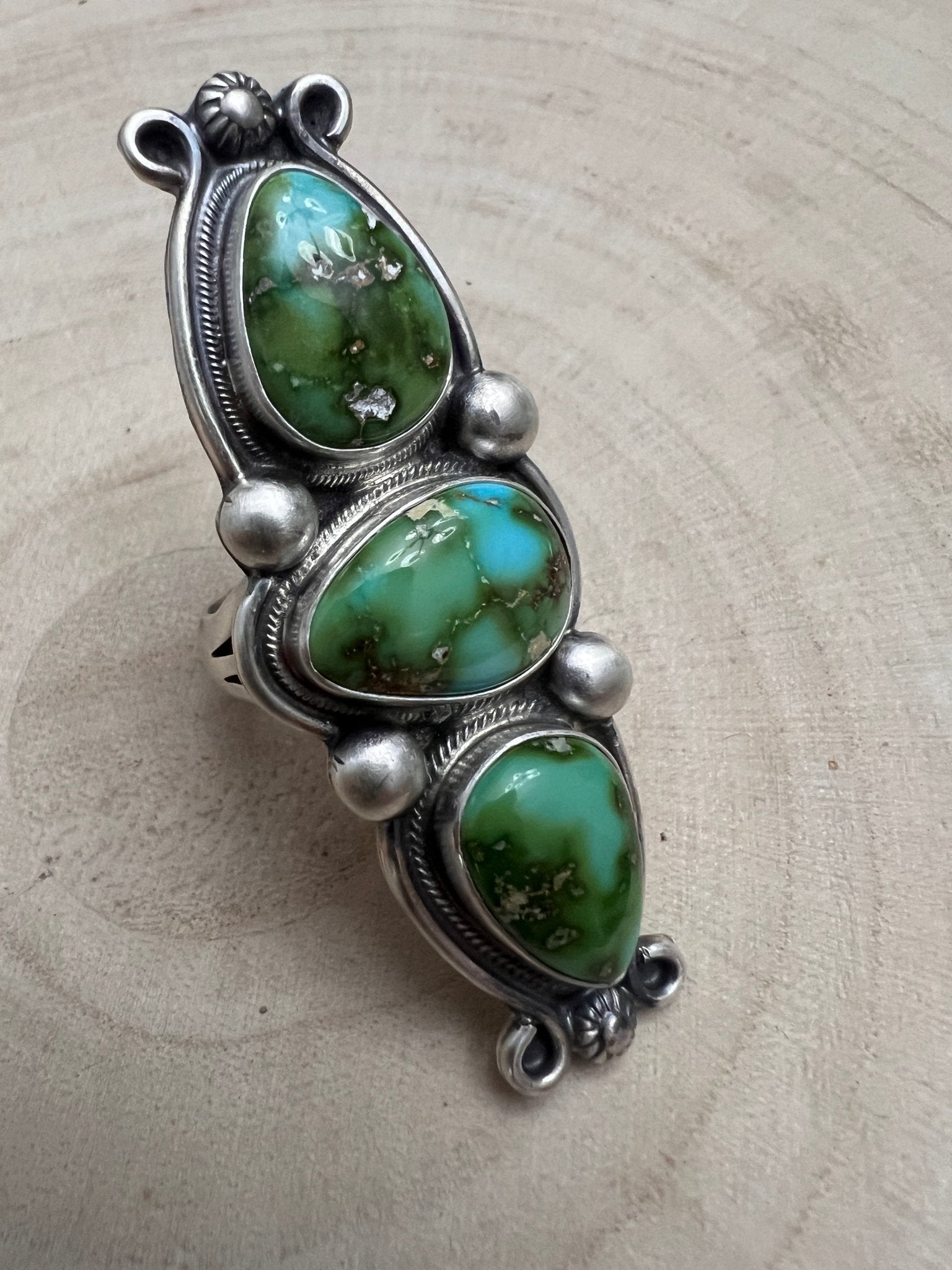 Kathleen Livingston Navajo Sterling Silver Ring with Sonoran Mountain Turquoise — Size 9, 2 3/8" × 7/8" (Hallmarked, Heirloom) - Cowhide and Conchos