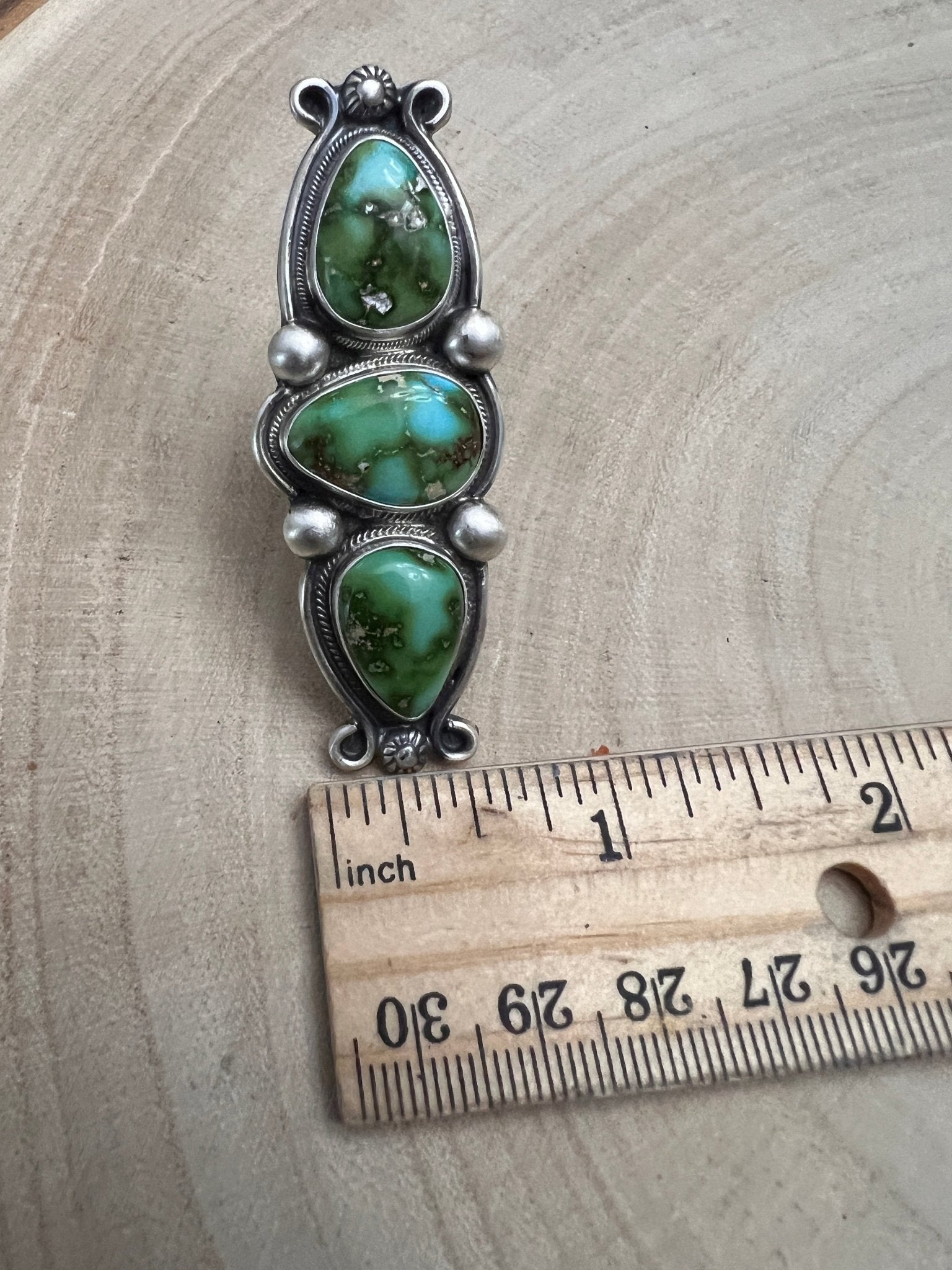 Kathleen Livingston Navajo Sterling Silver Ring with Sonoran Mountain Turquoise — Size 9, 2 3/8" × 7/8" (Hallmarked, Heirloom) - Cowhide and Conchos