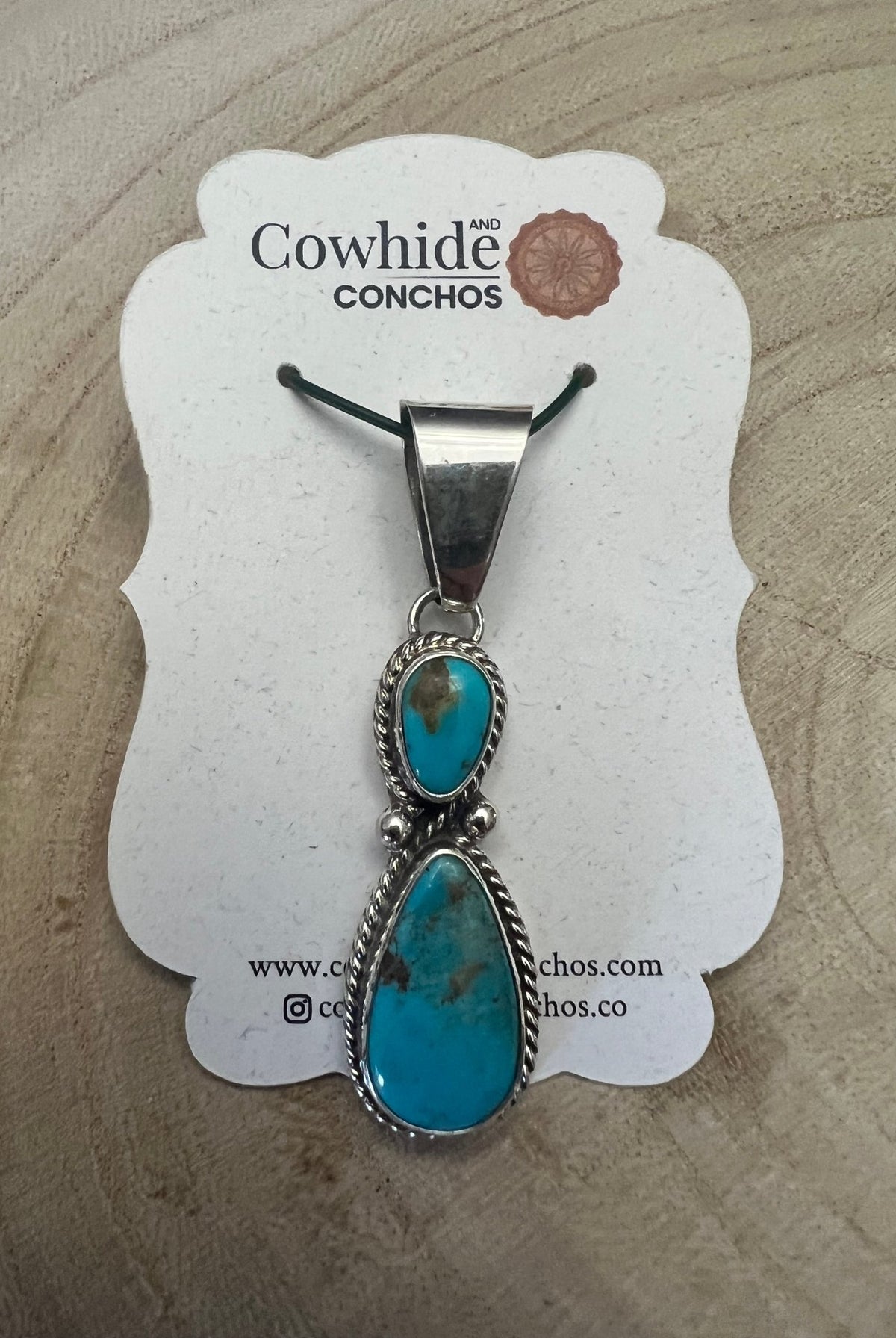 Kathleen Livingston Turquoise & Sterling Silver Pendant - Cowhide and Conchos