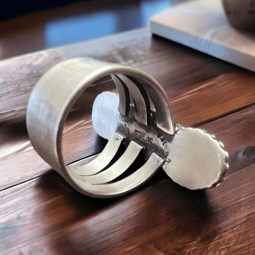 Kathleen Livingston Turquoise & Sterling Silver Ring Size 7 - Cowhide and Conchos