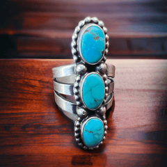 Kathleen Livingston Turquoise & Sterling Silver Ring Size 7 - Cowhide and Conchos
