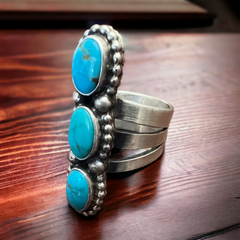 Kathleen Livingston Turquoise & Sterling Silver Ring Size 7 - Cowhide and Conchos
