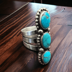 Kathleen Livingston Turquoise & Sterling Silver Ring Size 7 - Cowhide and Conchos