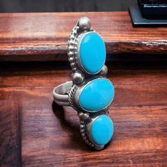 Kathleen Livingston Turquoise & Sterling Silver Ring - Size 7 + adjustable - Cowhide and Conchos