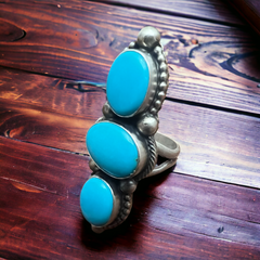 Kathleen Livingston Turquoise & Sterling Silver Ring - Size 7 + adjustable - Cowhide and Conchos