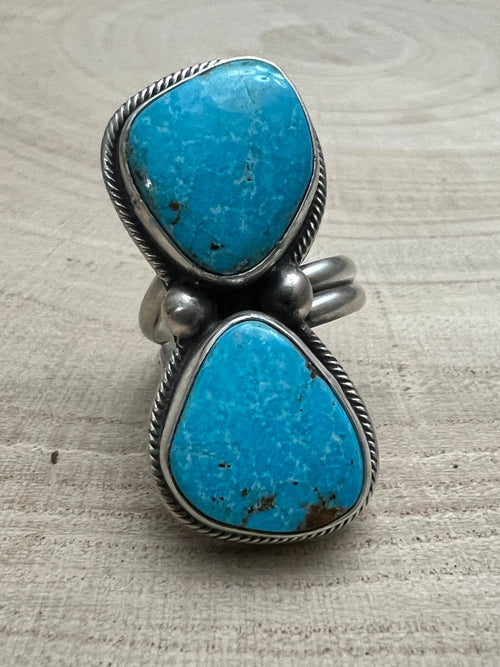 Kathleen Livingston Turquoise & Sterling Silver Ring - Size Adjustable Band - Cowhide and Conchos