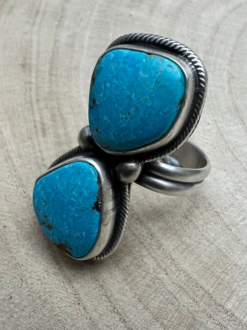Kathleen Livingston Turquoise & Sterling Silver Ring - Size Adjustable Band - Cowhide and Conchos