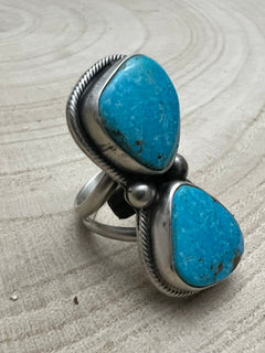 Kathleen Livingston Turquoise & Sterling Silver Ring - Size Adjustable Band - Cowhide and Conchos