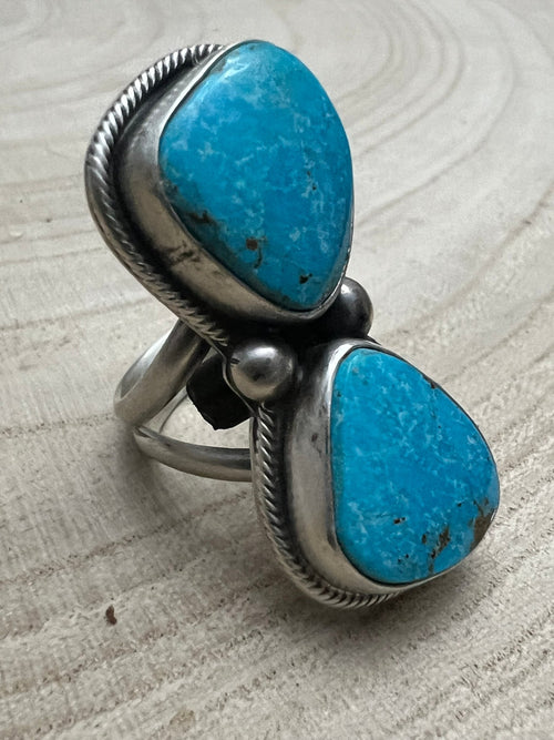 Kathleen Livingston Turquoise & Sterling Silver Ring - Size Adjustable Band - Cowhide and Conchos