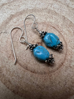 Kingman Turquoise Nugget and Sterling Silver Dangle Earring - 3/4 inch drop - Cowhide and Conchos