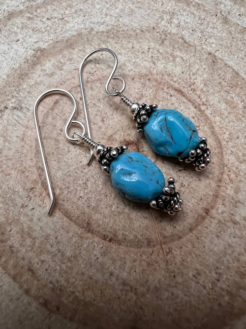 Kingman Turquoise Nugget and Sterling Silver Dangle Earring - 3/4 inch drop - Cowhide and Conchos