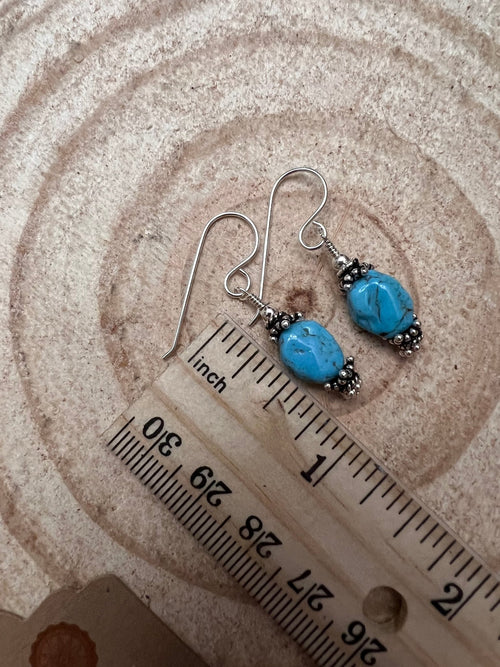 Kingman Turquoise Nugget and Sterling Silver Dangle Earring - 3/4 inch drop - Cowhide and Conchos