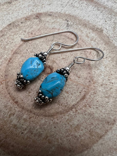 Kingman Turquoise Nugget and Sterling Silver Dangle Earring - 3/4 inch drop - Cowhide and Conchos