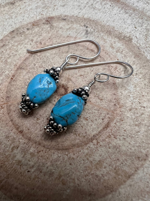 Kingman Turquoise Nugget and Sterling Silver Dangle Earring - 3/4 inch drop - Cowhide and Conchos