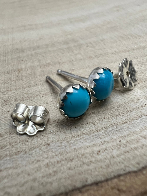 Kingman Turquoise Post Earrings - 4mm rounds - Cowhide and Conchos