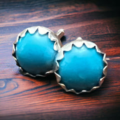 Kingman Turquoise Post Earrings - 4mm rounds - Cowhide and Conchos