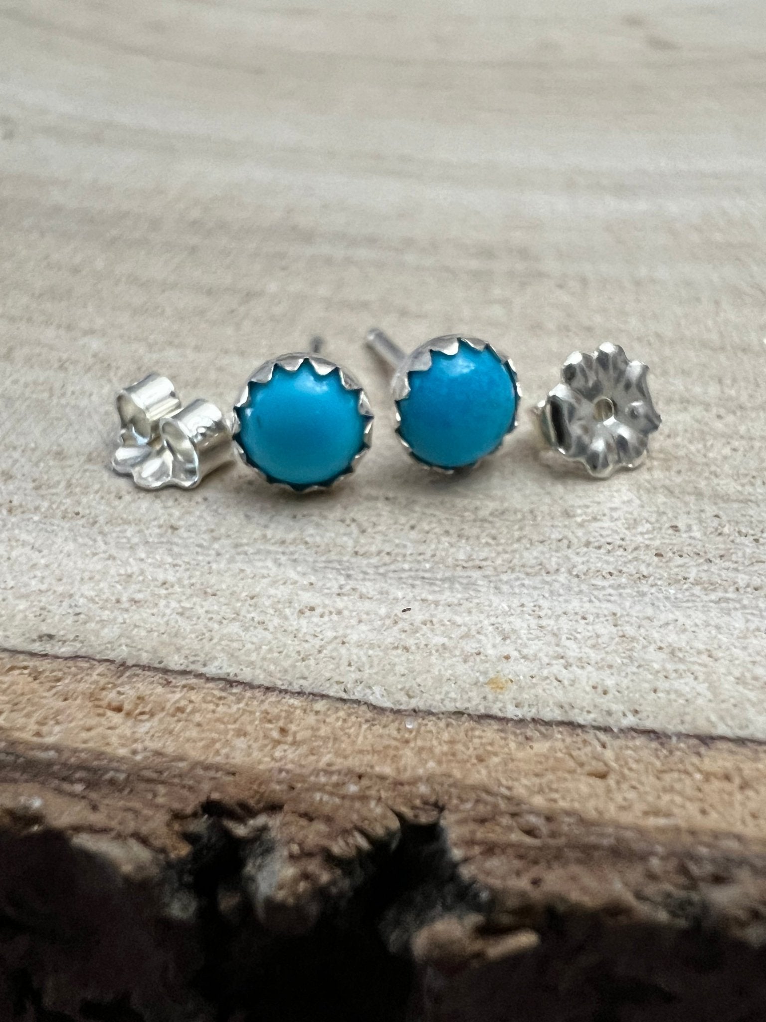 Kingman Turquoise Post Earrings - 4mm rounds - Cowhide and Conchos