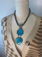 Large Bleeding Heart Turquoise Stone Pendant - Cowhide and Conchos