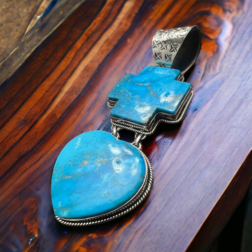 Large Bleeding Heart Turquoise Stone Pendant - Cowhide and Conchos