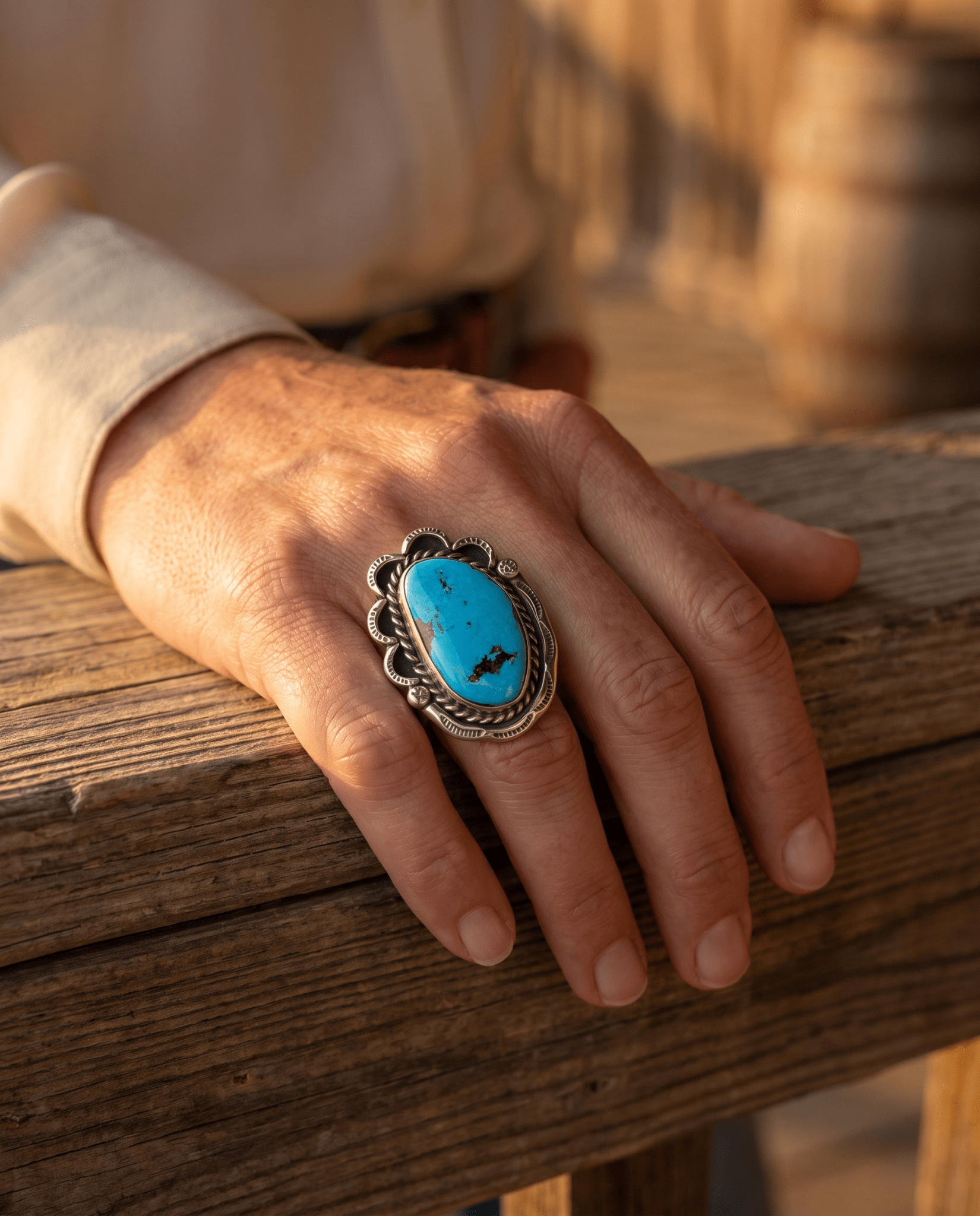 Large Blue Turquoise Cabochon Sterling Silver Statement Ring — Size 7 (1" Wide × 1 1/4" Long) - Cowhide and Conchos