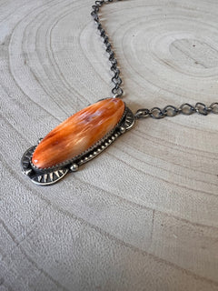 Large Navajo Handmade Spiny Oyster Necklace by Tia Long - 18 inch - Cowhide and Conchos