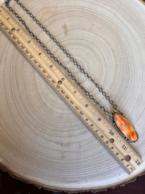 Large Navajo Handmade Spiny Oyster Necklace by Tia Long - 18 inch - Cowhide and Conchos