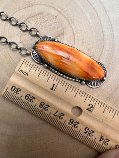 Large Navajo Handmade Spiny Oyster Necklace by Tia Long - 18 inch - Cowhide and Conchos