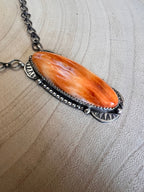 Large Navajo Handmade Spiny Oyster Necklace by Tia Long - 18 inch - Cowhide and Conchos