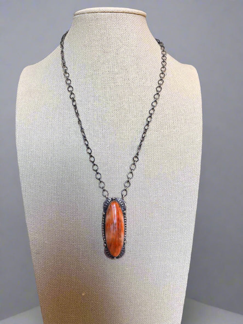 Large Navajo Handmade Spiny Oyster Necklace by Tia Long - 18 inch - Cowhide and Conchos