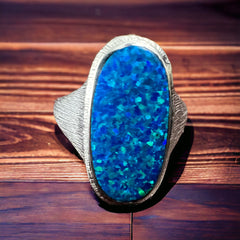 Large Opalite Ring on Sterling - Size 8 - Cowhide and Conchos