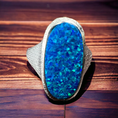 Large Opalite Ring on Sterling - Size 8 - Cowhide and Conchos