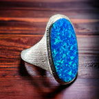 Large Opalite Ring on Sterling - Size 8 - Cowhide and Conchos