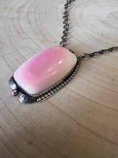 Large Pink Conch on Sterling Silver Necklace by Tia Long - 18 inch - Cowhide and Conchos