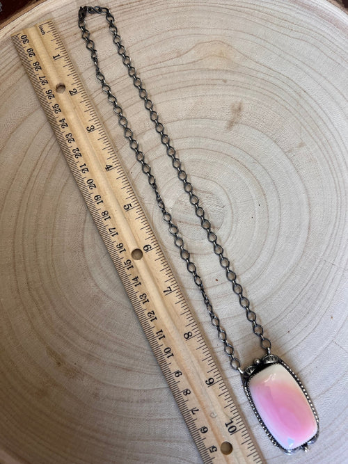 Large Pink Conch on Sterling Silver Necklace by Tia Long - 18 inch - Cowhide and Conchos