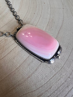 Large Pink Conch on Sterling Silver Necklace by Tia Long - 18 inch - Cowhide and Conchos